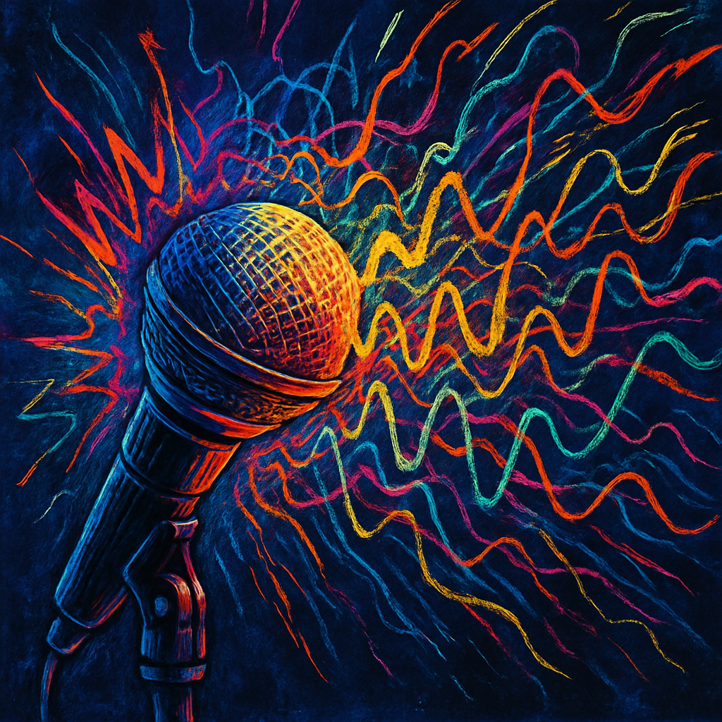 A microphone with chaotic, colorful soundwaves emanating from it.