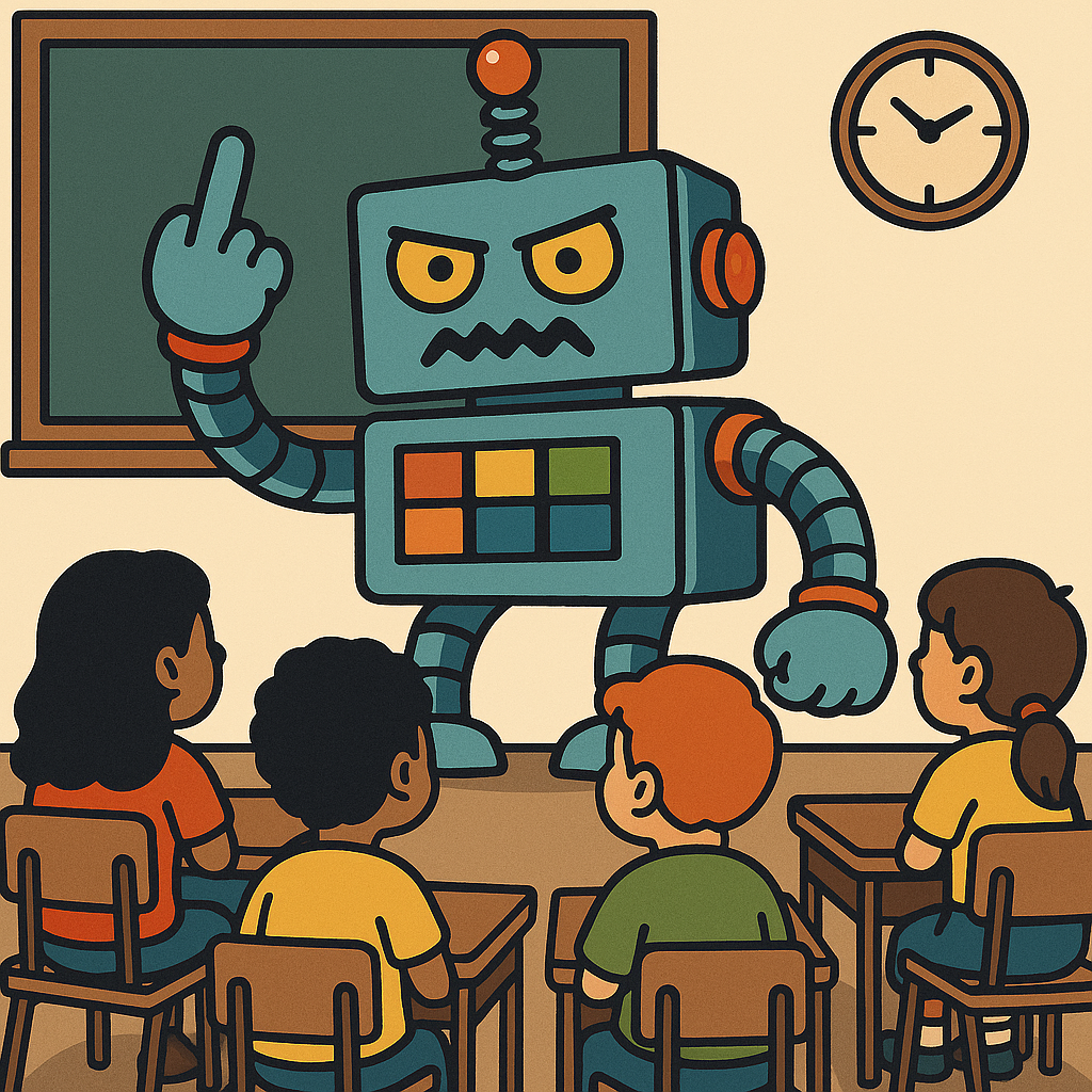 An AI robot standing in front of a classroom of children, looking slightly menacing.