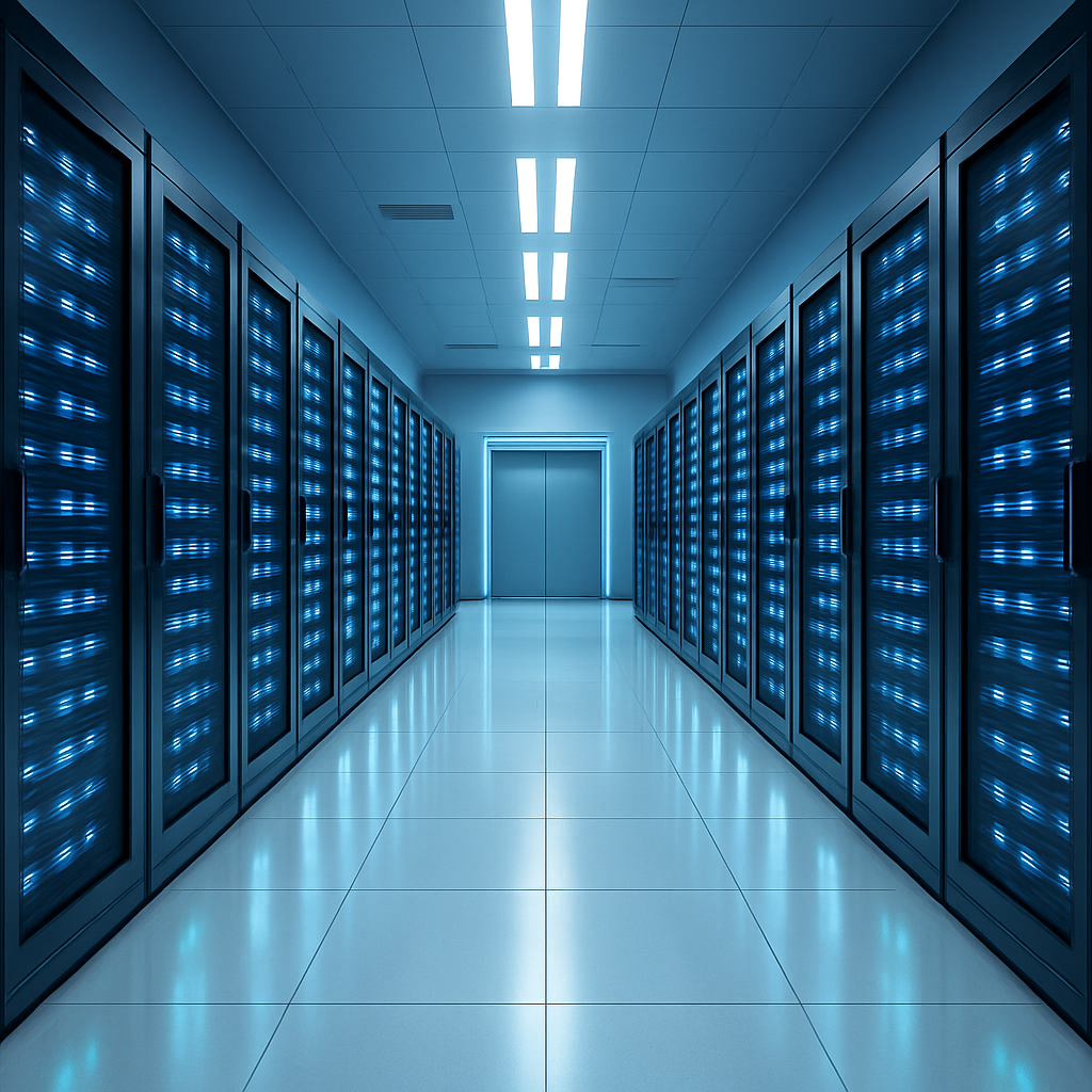 A clean and futuristic server room with glowing blue lights.