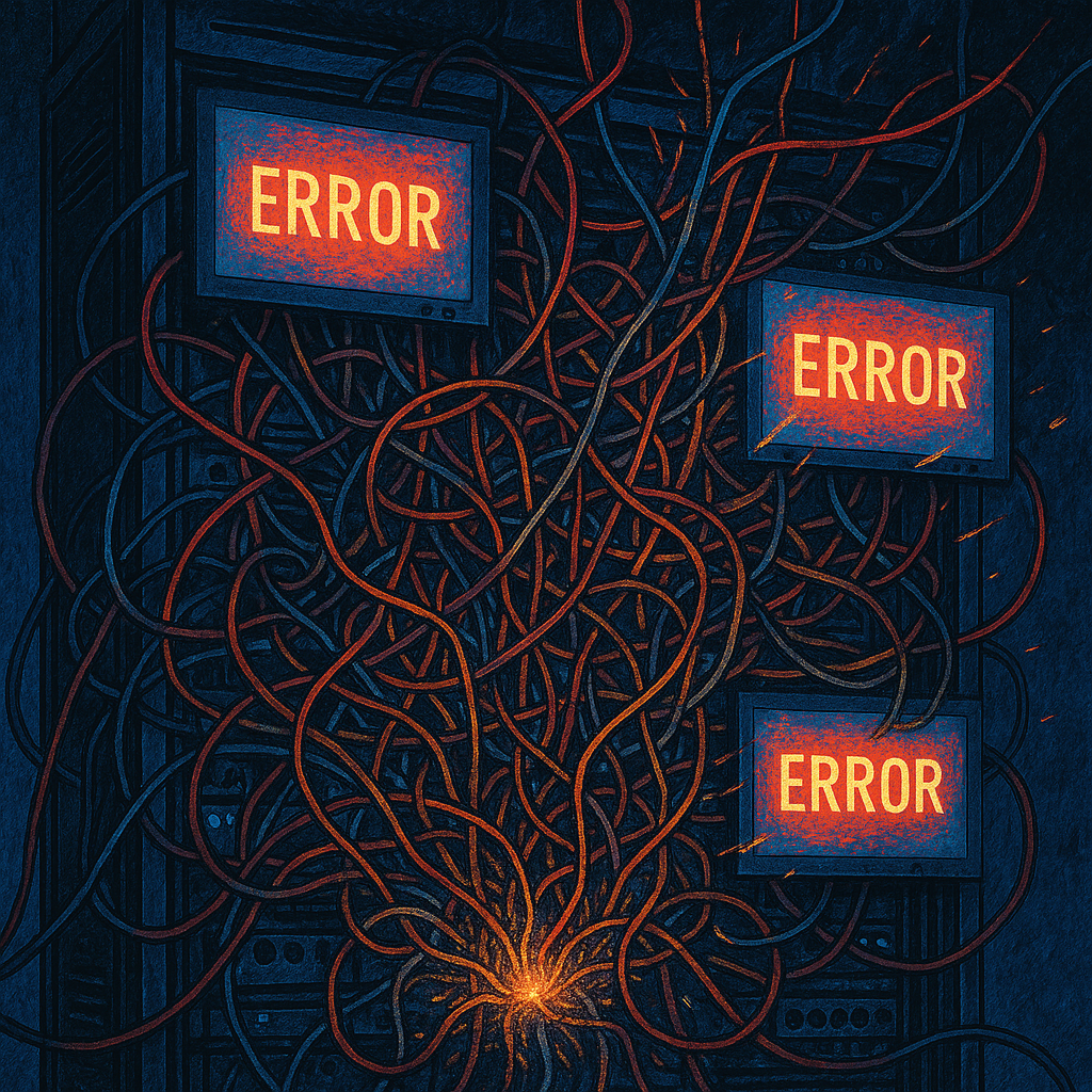 A server rack with tangled, sparking wires and error messages on screens.