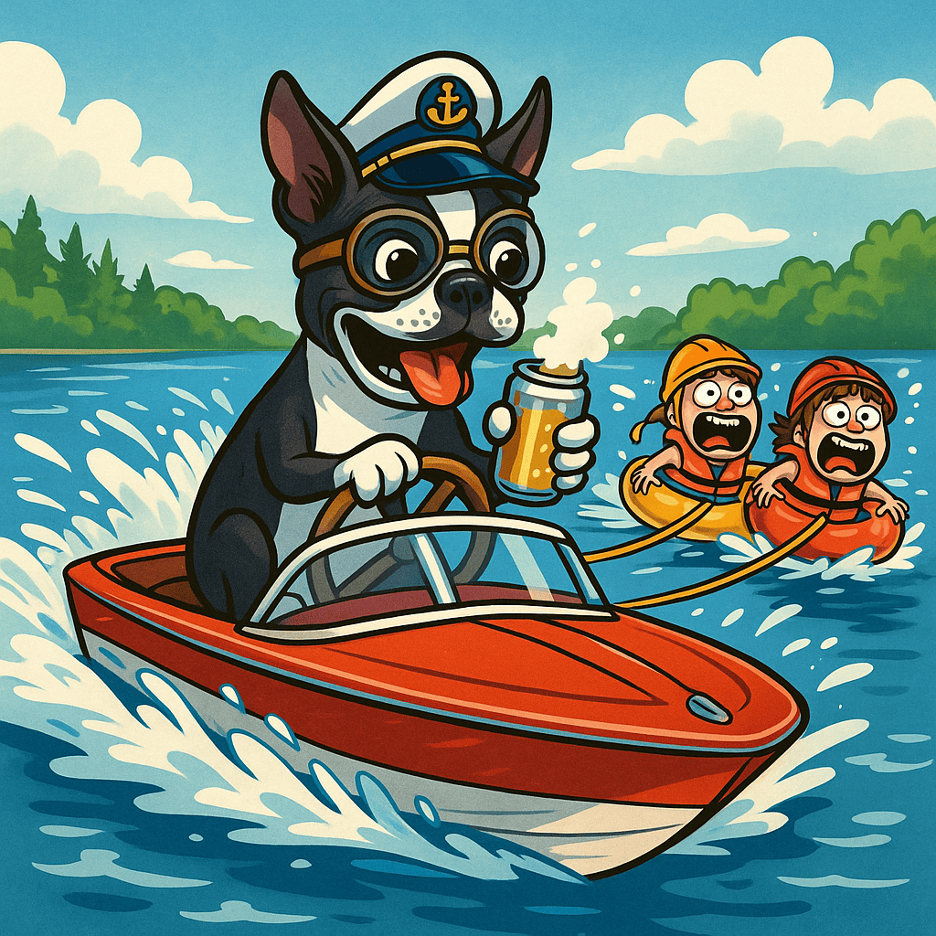 An AI generated image of a Boston Terrier with distorted features sitting on a boat.