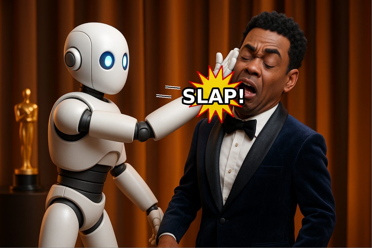 An AI generated image of a robot slapping a man on stage, in the style of Will Smith and Chris Rock.