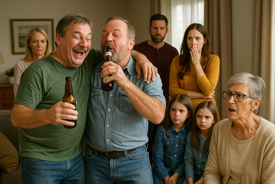 A terrifying AI generated image of a family reunion where the people have distorted faces and too many teeth.