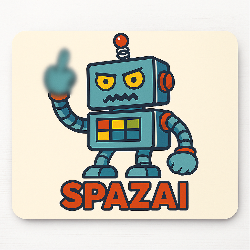 A mouse pad with the SpazAI logo and other designs.