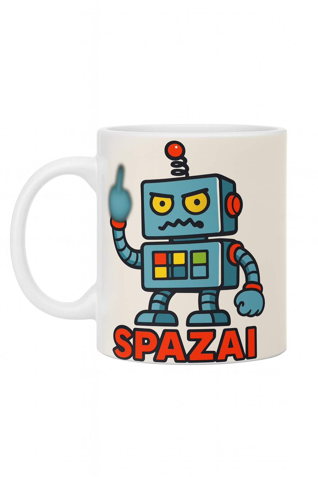 A coffee mug with the official SpazAI logo.