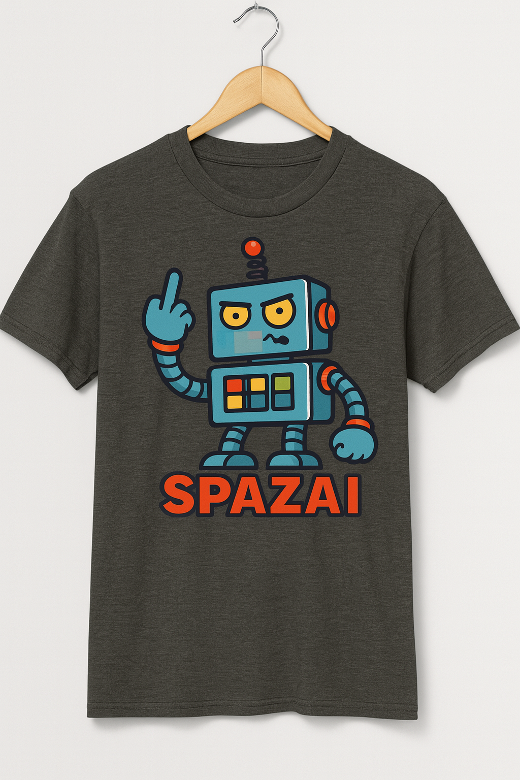 A t-shirt featuring the chaotic face of the SpazBot chatbot.