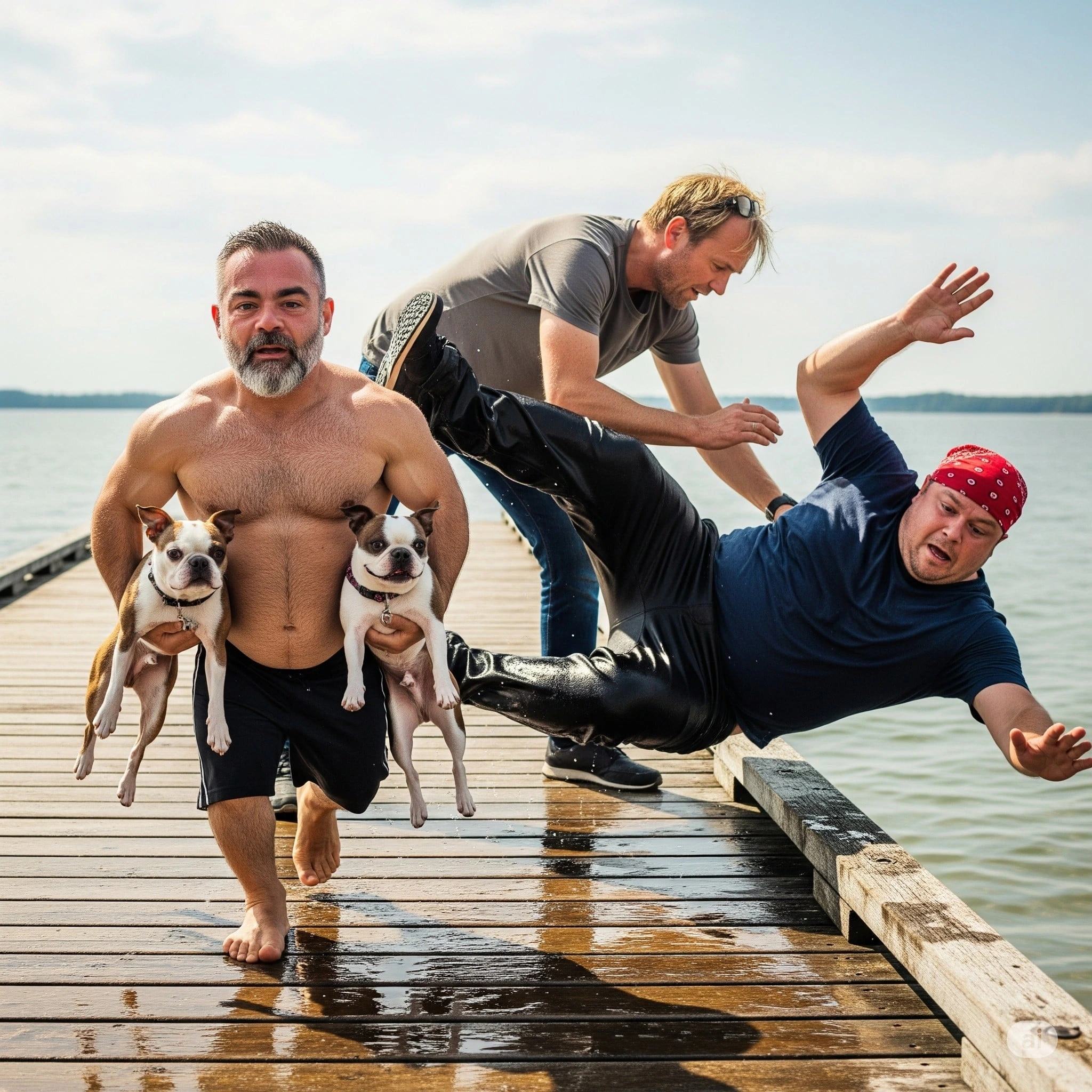 A bizarre AI generated image of a boat dock scene with strange characters and surreal elements.
