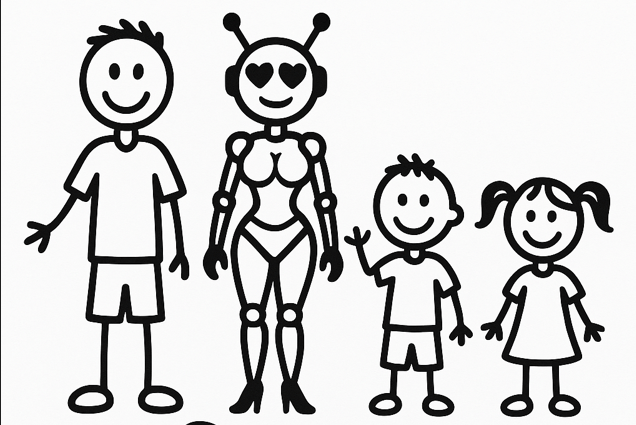 An AI generated image of a family car that shows dad with a robot.